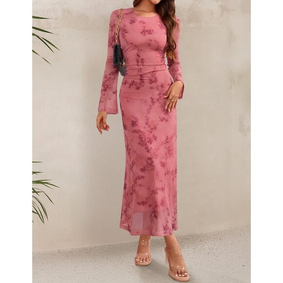 Zesica Women's Tie Dye Pink Ruched Mesh Long Sleeve Floral Bodycon Dress - Picture 3 of 6